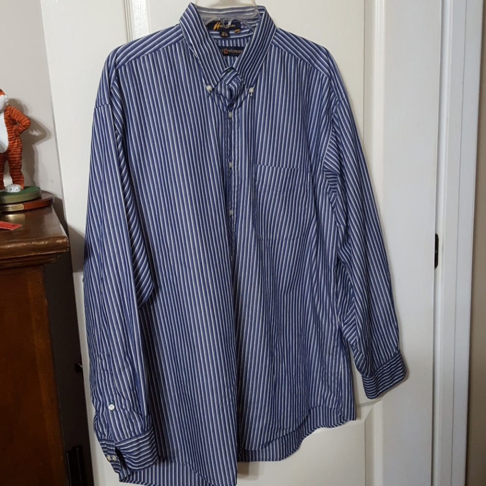 Tommy Hilfiger blue white stripe 100% cotton shirt Long Sleeve 16 1/2 34-35 EUC…